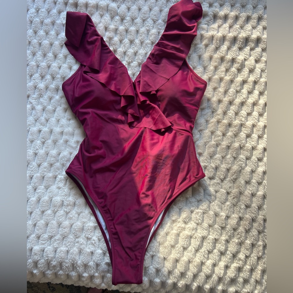 Ruffled Burgundy One-Piece Swimsuit